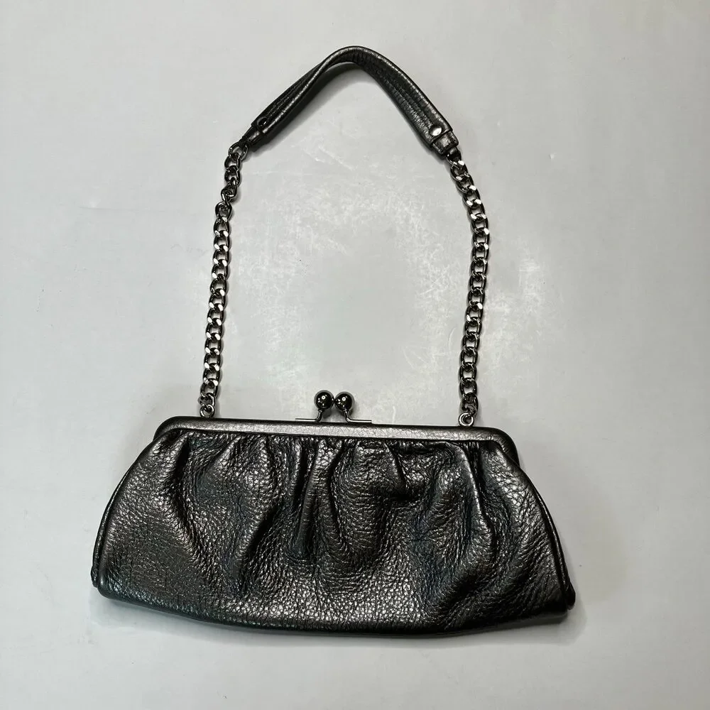 Talbot's Metallic Silver Gray Leather Clutch Evening Purse With Shoulder Strap